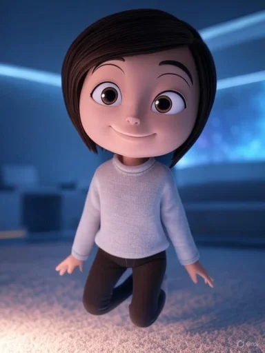 A cartoon character with short dark hair, large expressive eyes, and a gentle smile, floating indoors in a futuristic setting.