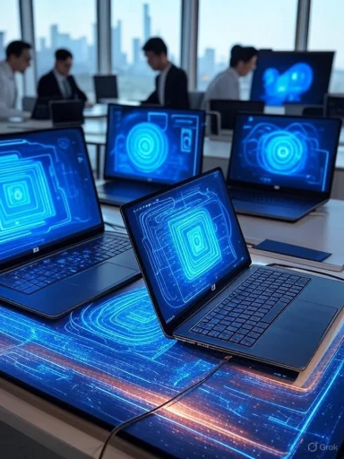 Multiple laptops displaying futuristic digital interfaces in a corporate office setting.