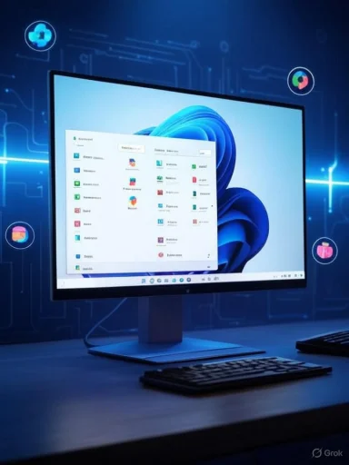 A computer monitor displays a Windows interface with app icons, set in a dark tech-themed environment.