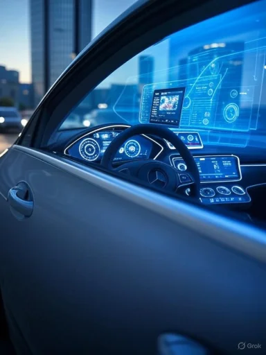 Inside a futuristic car with digital blue holographic dashboard and controls.