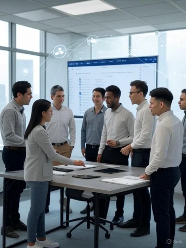A diverse group of professionals in a meeting room, engaged in a discussion around a table with electronic devices. A diverse group of professionals in a meeting room, engaged in a discussion around a table with electronic devices.