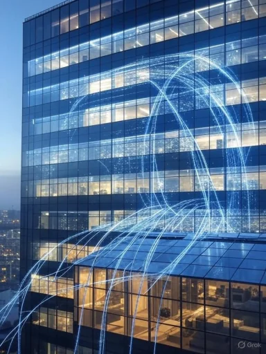 High-rise building with digital light streaks forming dynamic, futuristic arcs on its glass facade.
