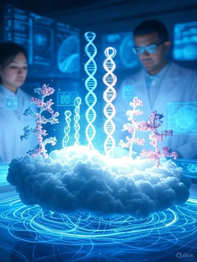 Scientists analyze a holographic cloud with DNA and molecular structures in a high-tech laboratory. Scientists analyze a holographic cloud with DNA and molecular structures in a high-tech laboratory.