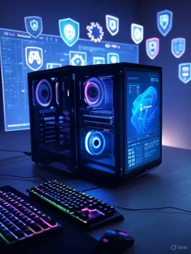 A gaming and cybersecurity setup with RGB keyboards, a high-performance PC, and digital security icons on a screen.