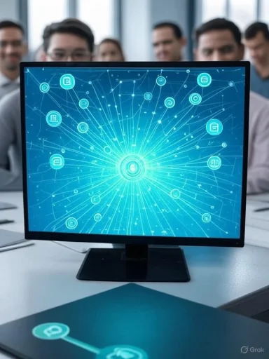 A computer monitor displays a digital network of interconnected icons in a modern office with professionals observing.