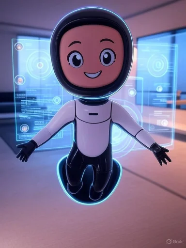 A cheerful humanoid robot with a smiling face, floating in front of futuristic holographic screens.
