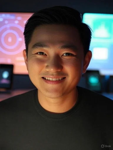 A smiling man with dark hair in a black shirt, illuminated by colorful digital screens in the background.