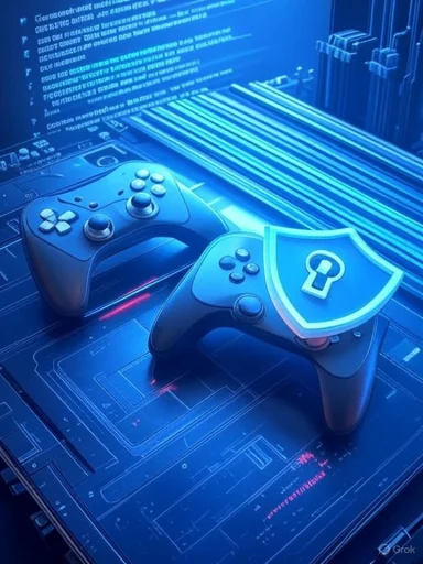 A digital illustration of gaming controllers with a security shield, symbolizing online gaming security and protection.