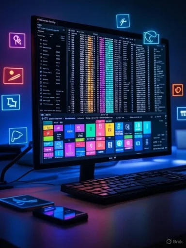 A computer screen displays colorful stock market data and icons, illuminated in a dark, neon-lit workspace.