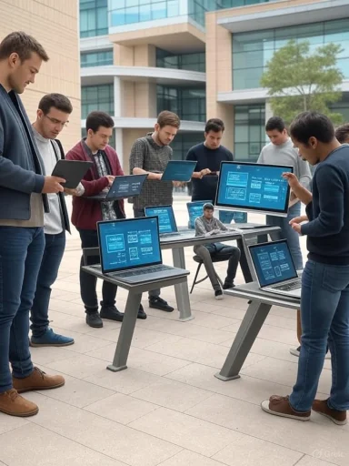 A group of young people analyze digital screens and laptops outdoors, possibly during a tech or educational event. A group of young people analyze digital screens and laptops outdoors, possibly during a tech or educational event.