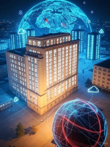 A cityscape featuring a tall building with holographic globes and cloud icons, symbolizing global connectivity and digital infrastructure.