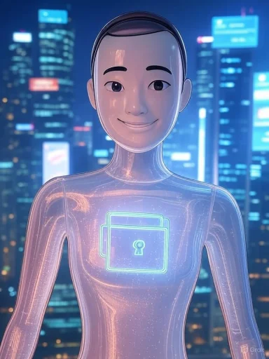 A robotic figure with a smiling human face, illuminated in pinkish light, set against a futuristic cityscape background.