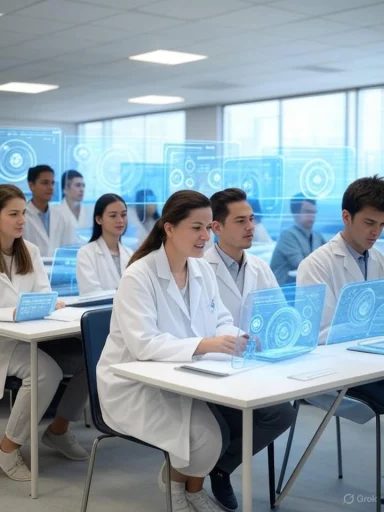 Medical students in a futuristic classroom using holographic digital displays during a lecture.