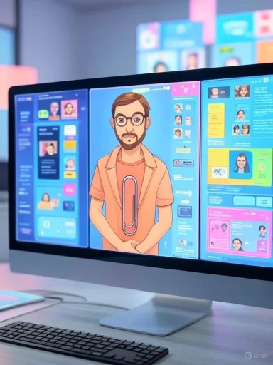Animated character with glasses and beard displayed on a computer screen amid colorful profiles and designs. Animated character with glasses and beard displayed on a computer screen amid colorful profiles and designs.