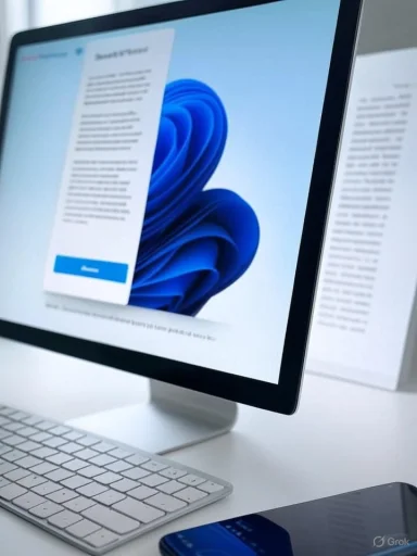 A computer screen displays a Windows update prompt, with a keyboard and smartphone nearby on a white desk.