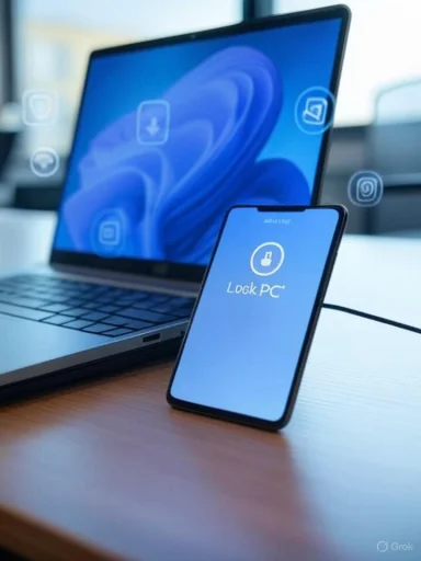 A smartphone displaying a 'Lock PC' screen is connected to a laptop on a desk, indicating a security or privacy feature.