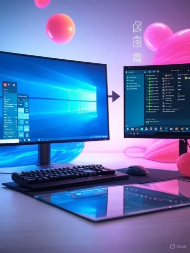 A dual-monitor workspace with colorful, floating digital spheres background, and icons representing cloud storage and communication.