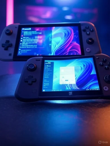 Two handheld gaming consoles are displayed with activated screens emitting blue and purple neon lighting.