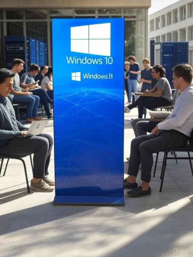 Large vertical digital display showing 'Windows 10' and 'Windows 11' logos at an outdoor tech event.