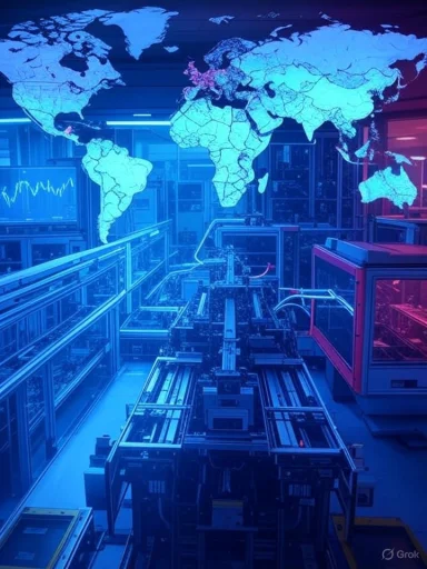 A world map overlays a high-tech laboratory with robotic equipment illuminated by blue and purple lights.
