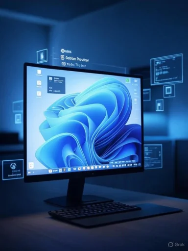 A computer monitor displays a futuristic digital interface with floating data icons and code, suggesting a high-tech environment.