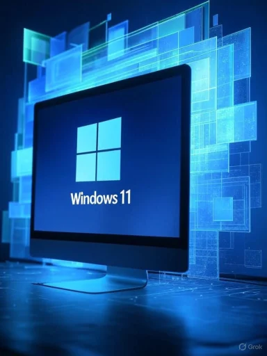 A computer screen displays the Windows 11 logo against a digital blue abstract background.