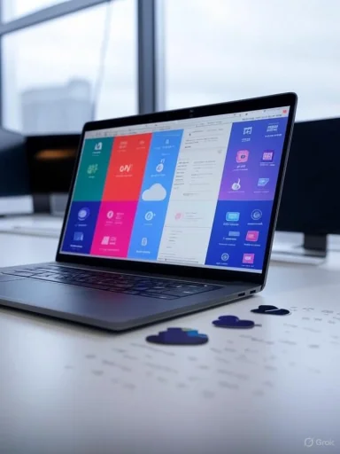 A laptop displaying a colorful interface is placed on a desk with cloud icons and a window in the background.