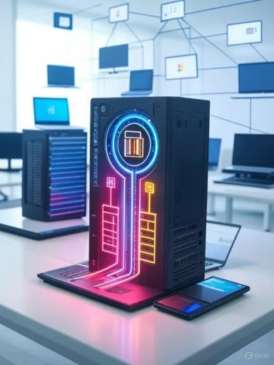 A futuristic AI server with holographic data flow in a modern tech office.