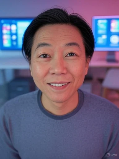 A smiling man with black hair in a gray shirt, sitting in a modern workspace with computer monitors in the background.