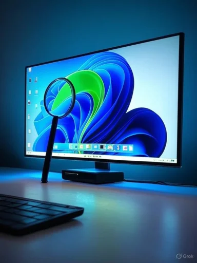 A magnifying glass is held in front of a computer monitor displaying a colorful abstract wallpaper.