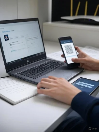 A person uses a laptop, smartphone, and tablet to scan a QR code for digital identity verification.
