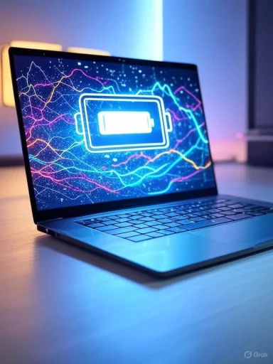 A laptop displays a charging symbol with neon lightning streaks, indicating a low battery and power connection.