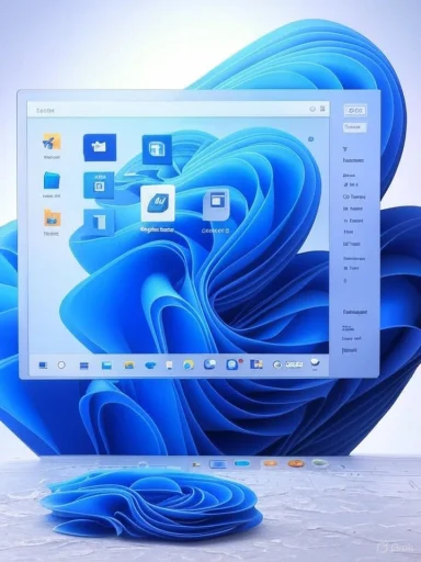 A digital illustration features a computer screen with floating icons and a blue abstract background, reflecting a modern tech design.