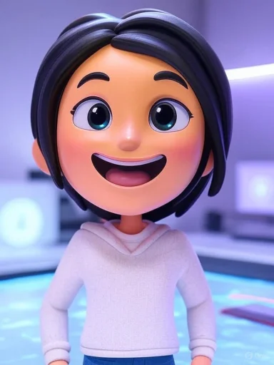 A cheerful animated character with large blue eyes, black hair, and a white hoodie, smiling brightly indoors.