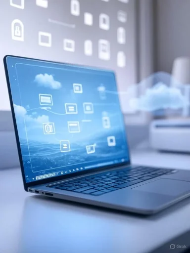 A laptop displaying cloud-based data and digital icons on a modern workspace.