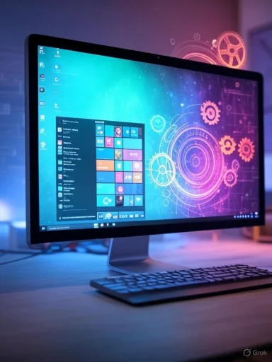 A modern desktop computer with a colorful, futuristic digital interface on its screen.