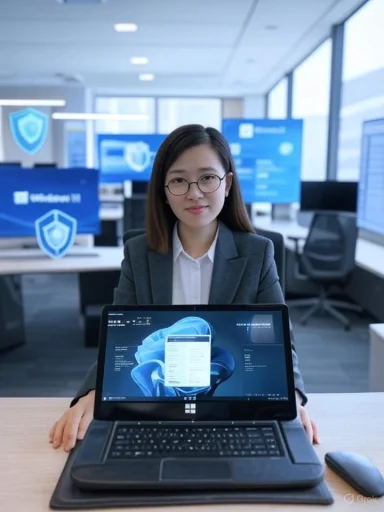 A woman in a suit and glasses sits in an office with multiple computer screens, holding a laptop with a blue-themed display. A woman in a suit and glasses sits in an office with multiple computer screens, holding a laptop with a blue-themed display.