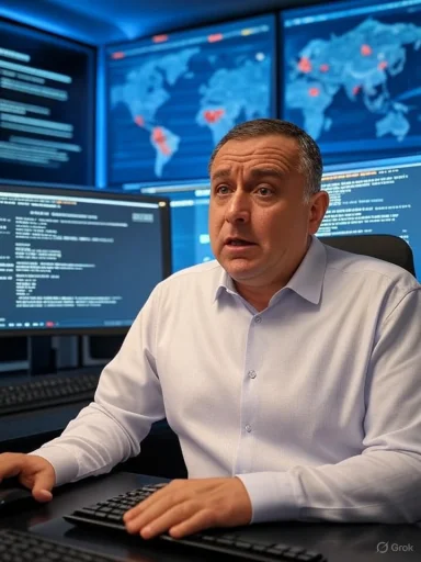A man in a white shirt works at a computer in a high-tech control room with multiple monitors displaying world maps and code.