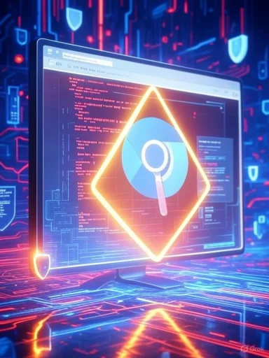 A computer screen displays cyber security alerts with a magnifying glass icon, surrounded by digital shield symbols and neon lines.