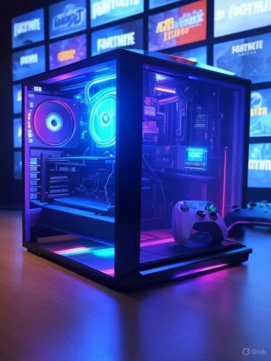 A gaming PC with neon lighting is displayed inside a glass case, with controllers nearby and multiple screens showing Fortnite in the background.