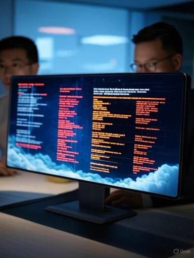 Two professionals analyze code on a computer monitor in a modern office setting. Two professionals analyze code on a computer monitor in a modern office setting.