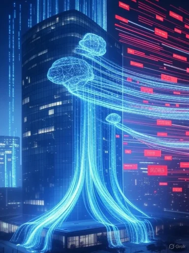 Digital neural network visualization over a futuristic cityscape at night.