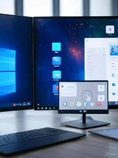 Multiple computer screens and a keyboard on a modern desk setup.