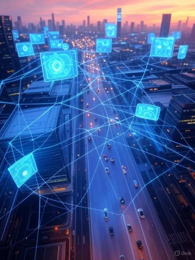 Futuristic cityscape with digital holographic icons and interconnected data streams over a bustling urban night scene.