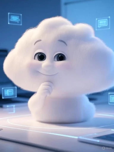 A cute, animated fluffy cloud character with big eyes and a thoughtful expression, surrounded by floating digital icons.