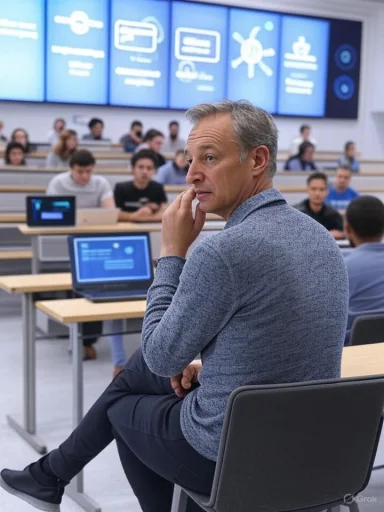 A professor ponders during a lecture in a modern classroom with digital screens and attentive students.