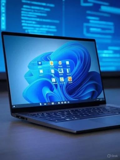 A sleek laptop displaying a Windows desktop with various icons, set against a background of blue code or command lines.