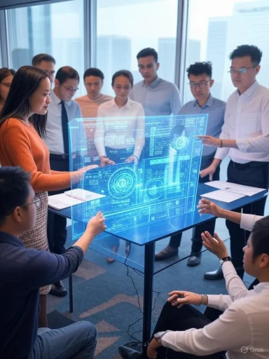 A diverse group of professionals engages with a futuristic holographic digital interface in a modern office setting.