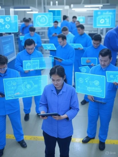 Workers in blue uniforms using digital tablets with holographic displays in a high-tech manufacturing environment. Workers in blue uniforms using digital tablets with holographic displays in a high-tech manufacturing environment.