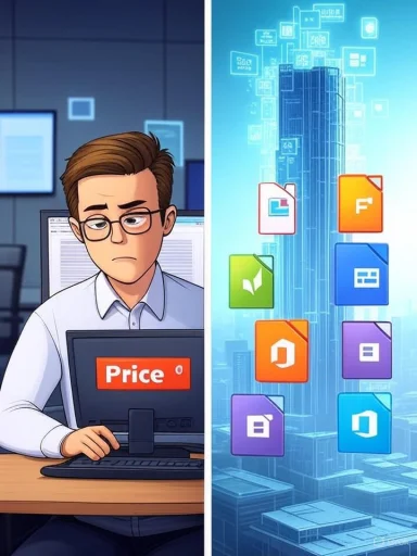 A person looks frustrated at a computer with 'Price' displayed, alongside a digital cityscape featuring various app icons.